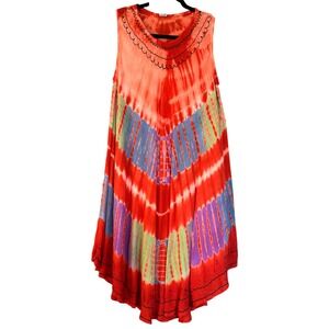 Boho Tie Dye Swing Midi Dress Embroidered Curved Hem Free Size Orange Red India